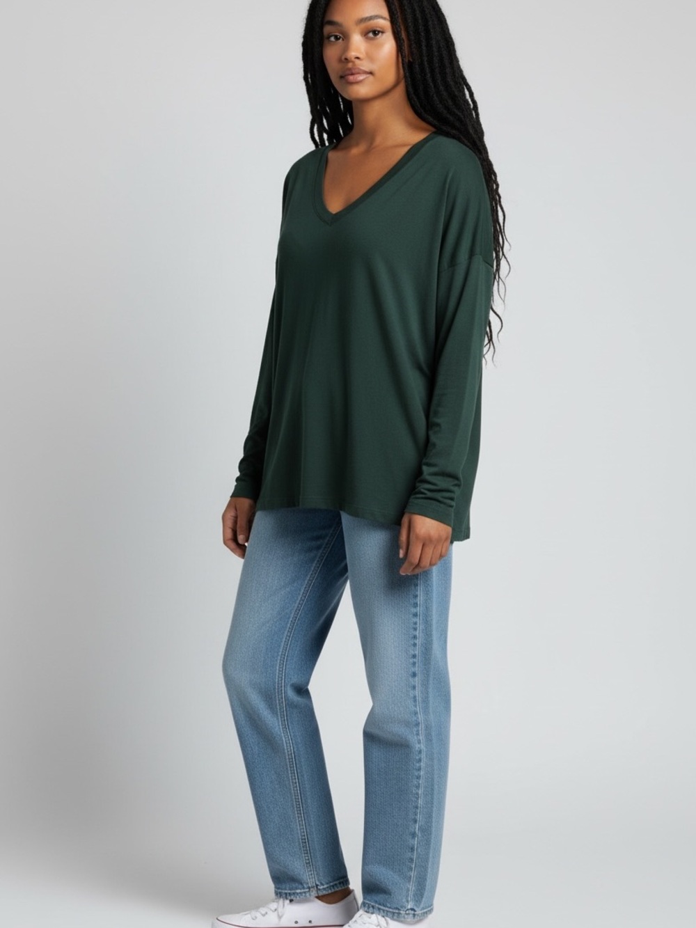 Bleusalt  Dark Green V-Neck Relaxed Long Sleeve Top